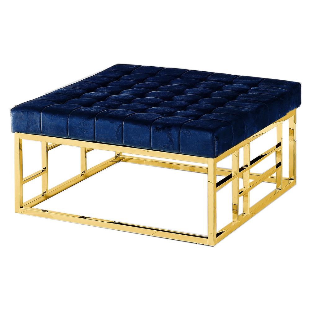 Boho Aesthetic Large Square Modern Gold Plated Blue Accent Ottoman Footrest bench | Biophilic Design Airbnb Decor Furniture 