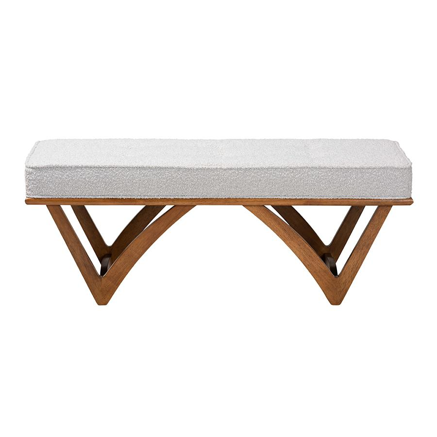 Boho Aesthetic Chenoa Japandi Light Grey Boucle Fabric and Walnut Brown Finished Wood Bench | Biophilic Design Airbnb Decor Furniture 