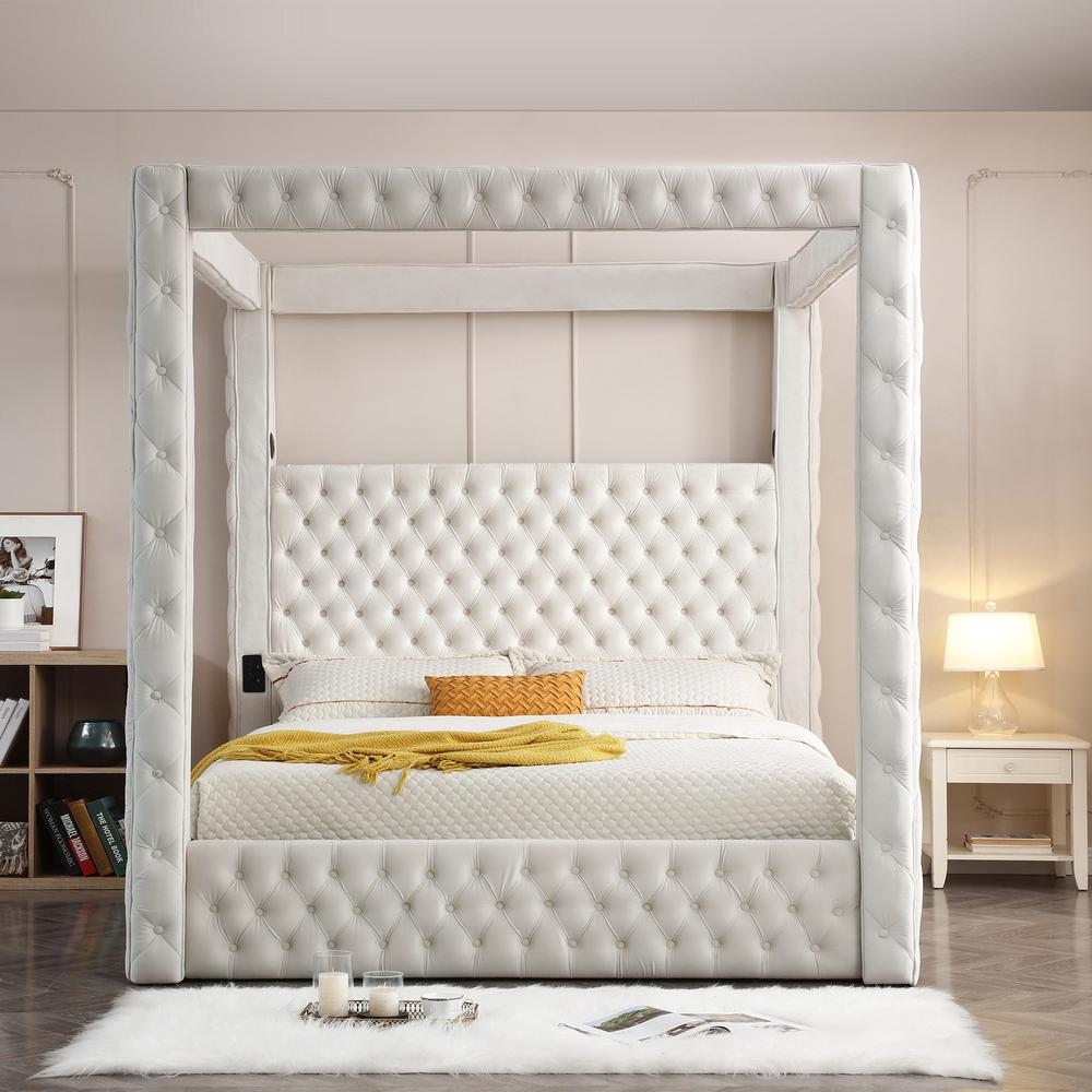 Boho Aesthetic Modern Luxurious Velvet Canopy Bed with Speaker & USB Connection | Biophilic Design Airbnb Decor Furniture 