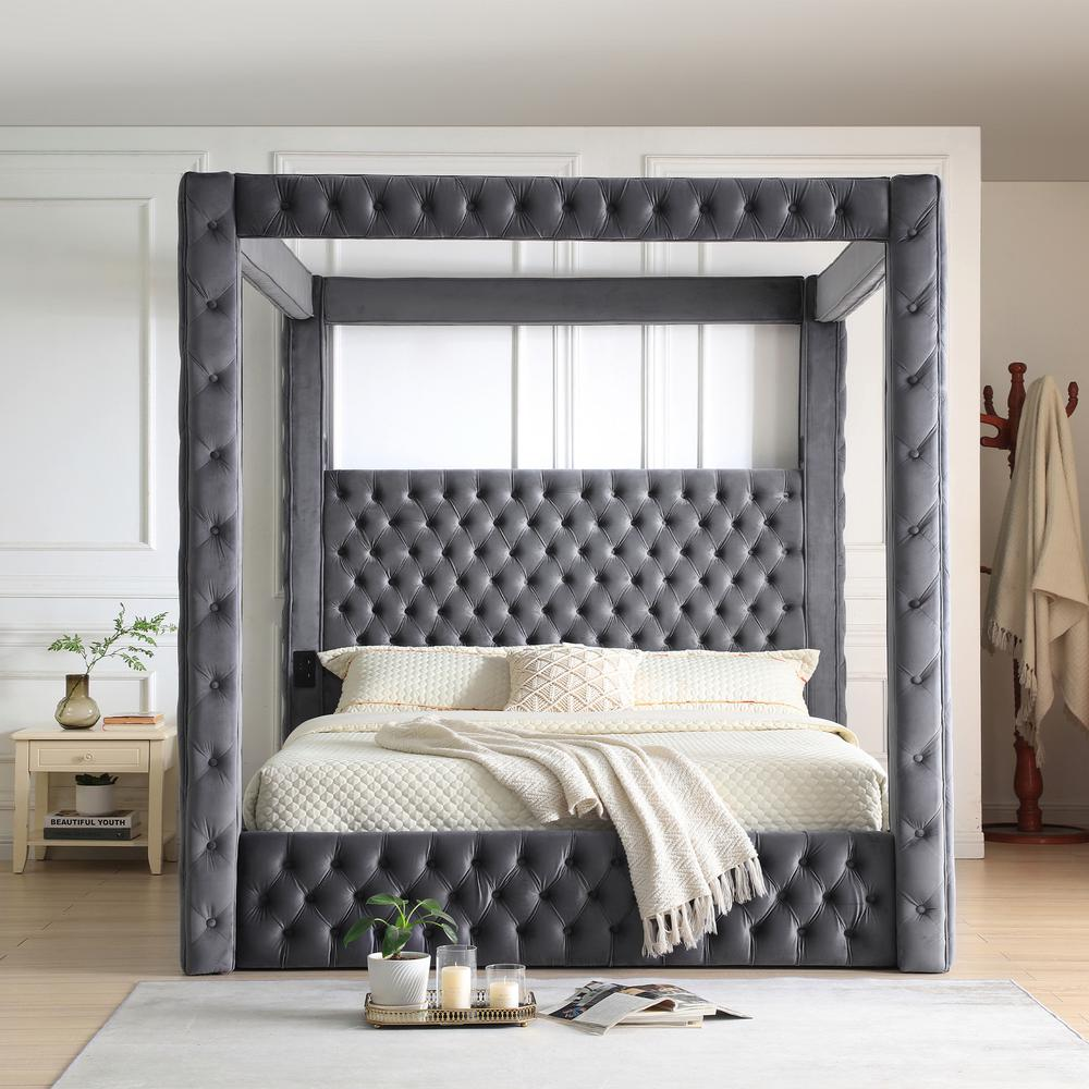 Boho Aesthetic Modern Grey Luxurious Velvet Canopy Bed with Speaker & USB Connection | Biophilic Design Airbnb Decor Furniture 