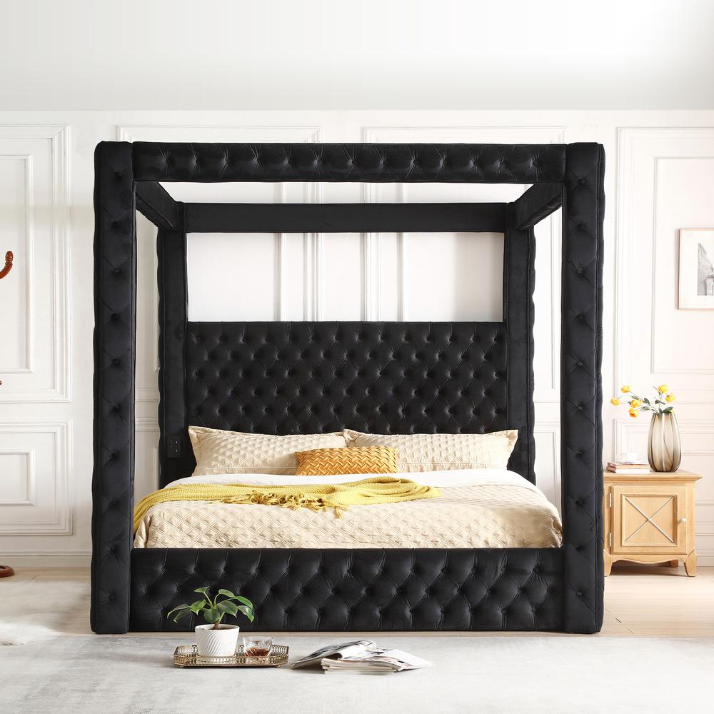 Boho Aesthetic Modern Black Luxurious Velvet Canopy Bed with Speaker & USB Connection | Biophilic Design Airbnb Decor Furniture 