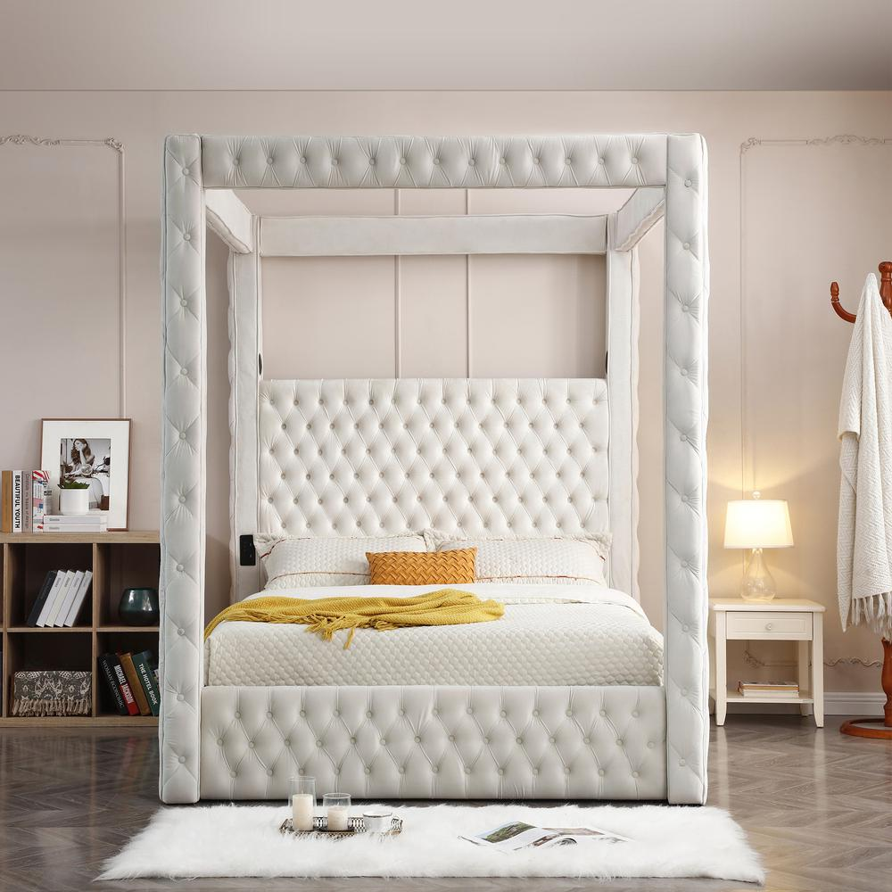 Boho Aesthetic Modern White Luxurious Velvet Canopy Bed with Speaker & USB Connection | Biophilic Design Airbnb Decor Furniture 