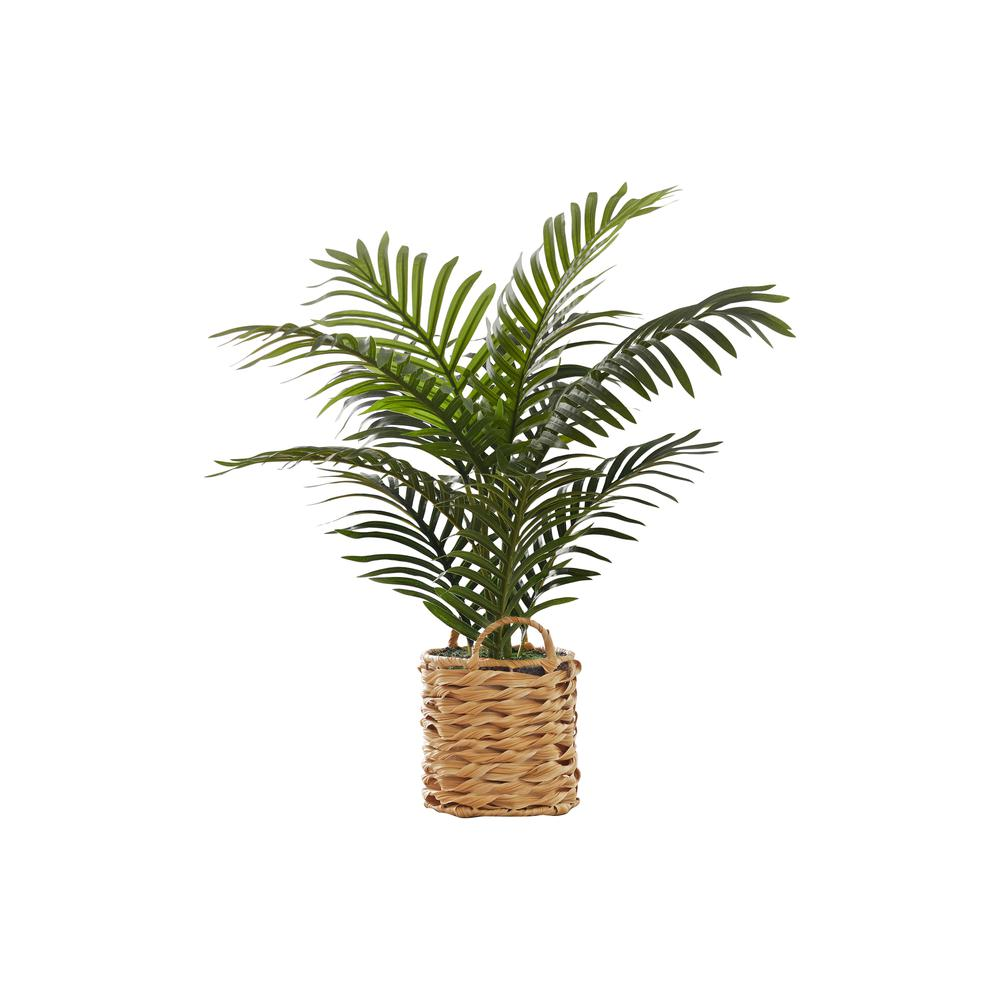 Boho Aesthetic Artificial Plant, 24" Tall, Palm, Decorative, Green Leaves, Beige Woven Basket | Biophilic Design Airbnb Decor Furniture 