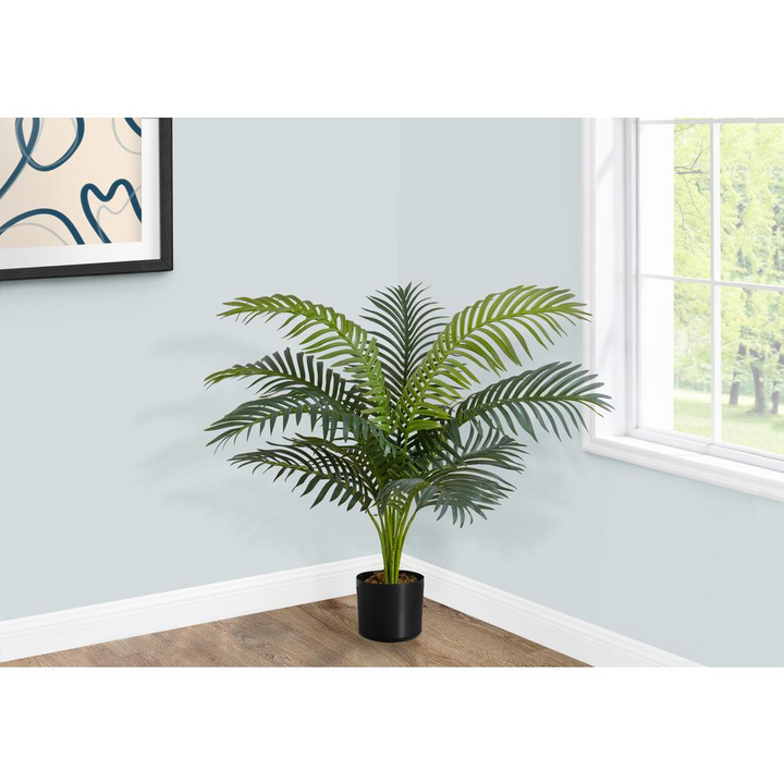 Boho Aesthetic Artificial Plant, 34" Tall, Palm Tree, Decorative, Green Leaves, Black Pot | Biophilic Design Airbnb Decor Furniture 