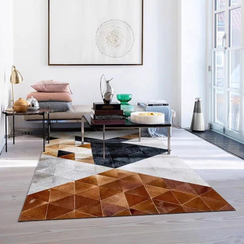 Boho Aesthetic Cow Skin Rug Multi Pattern Patchwork Leather Rug Hand-Stitched Modern Homes Living | Biophilic Design Airbnb Decor Furniture 