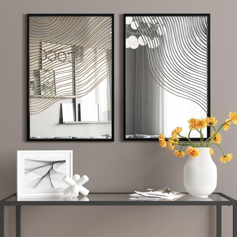 Boho Aesthetic Set of 2 Modern Iron Waves Rectangular Accent Wall Mirrors | Biophilic Design Airbnb Decor Furniture 