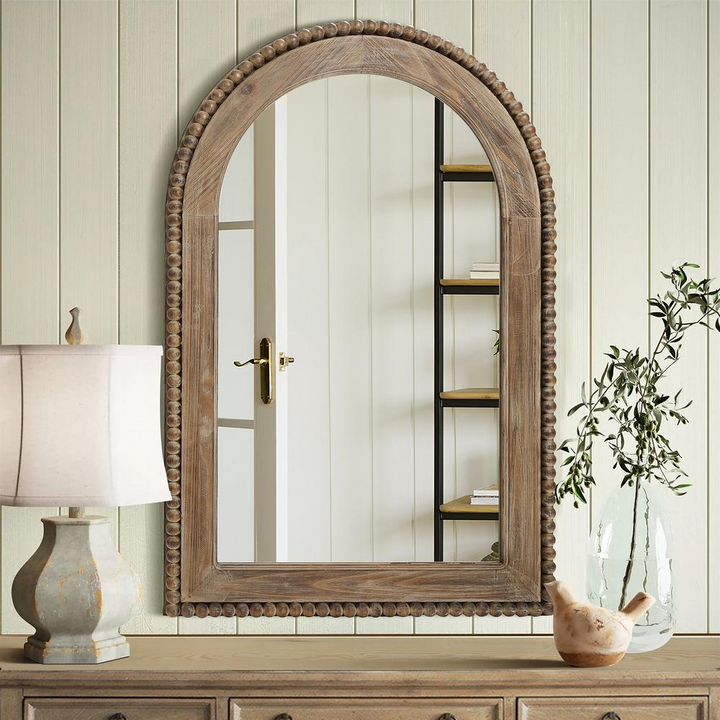 Boho Aesthetic Wood Framed Arch Window Wall Mirror | Biophilic Design Airbnb Decor Furniture 