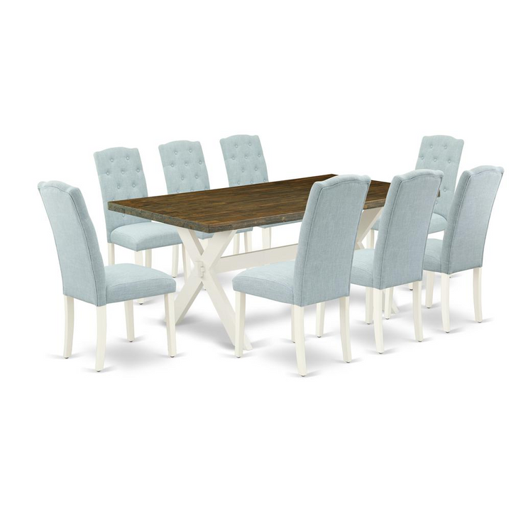 Boho Aesthetic East West Furniture X077CE215-9 9-Piece Dinette Set- 8 Upholstered Dining Chairs with Baby Blue Linen Fabric Seat and Button Tufted Chair Back - Rectangular Table Top & Wooden Cross Legs - Distressed | Biophilic Design Airbnb Decor Furniture 