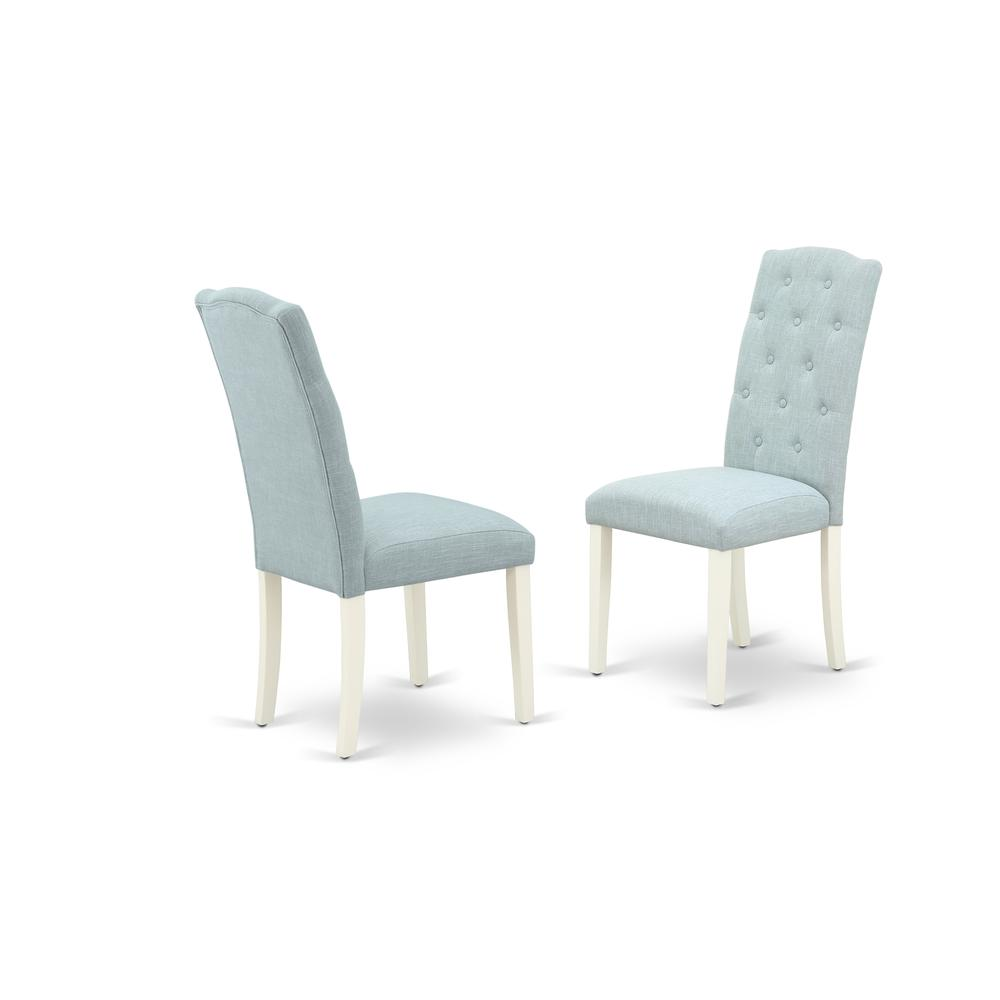 Boho Aesthetic East West Furniture X077CE215-9 9-Piece Dinette Set- 8 Upholstered Dining Chairs with Baby Blue Linen Fabric Seat and Button Tufted Chair Back - Rectangular Table Top & Wooden Cross Legs - Distressed | Biophilic Design Airbnb Decor Furniture 