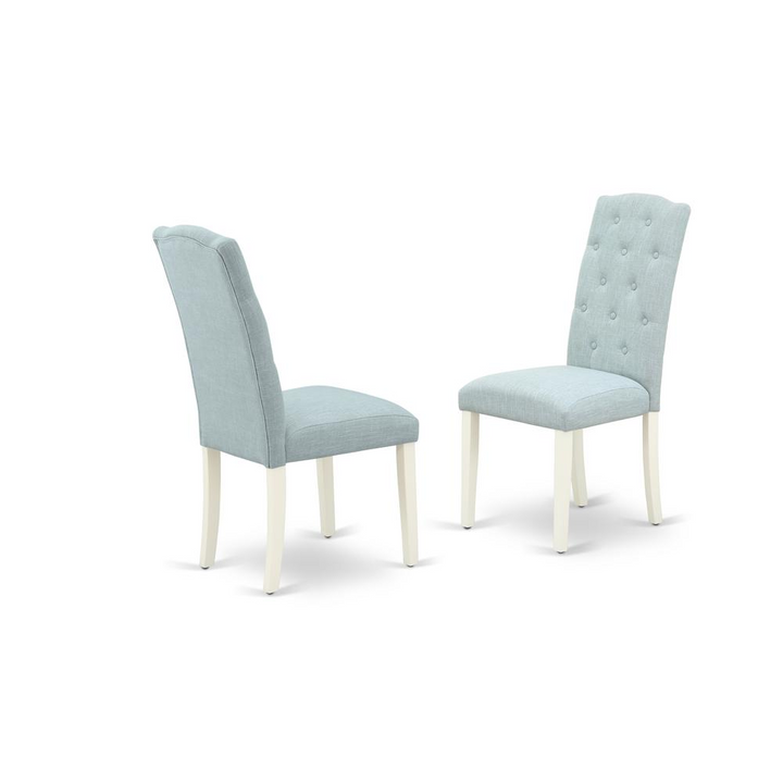 Boho Aesthetic East West Furniture X077CE215-9 9-Piece Dinette Set- 8 Upholstered Dining Chairs with Baby Blue Linen Fabric Seat and Button Tufted Chair Back - Rectangular Table Top & Wooden Cross Legs - Distressed | Biophilic Design Airbnb Decor Furniture 