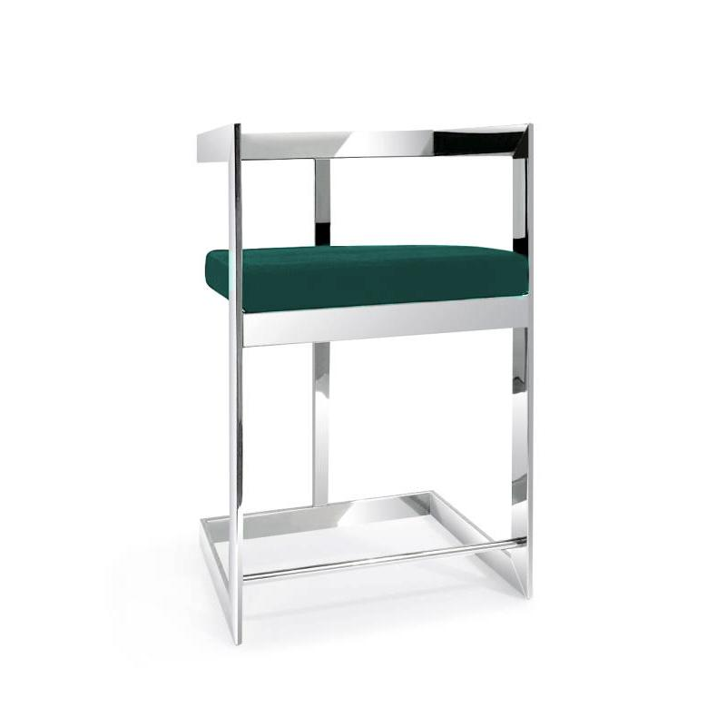 Boho Aesthetic Bar Chair, 26", Green Cushion, Stainless Steel Base | Biophilic Design Airbnb Decor Furniture 