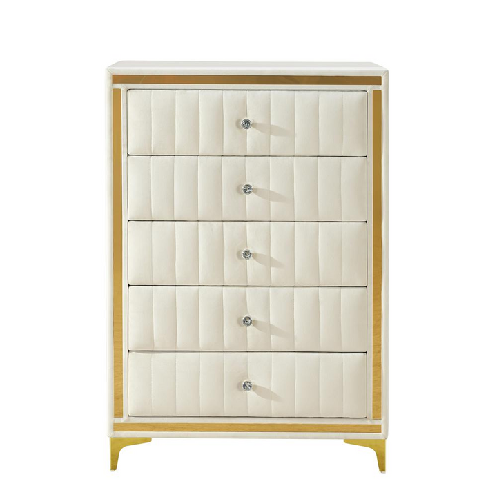 Boho Aesthetic Upholstered 5-Drawer Chest Dresser with Gold Legs and Gold Trim | Biophilic Design Airbnb Decor Furniture 