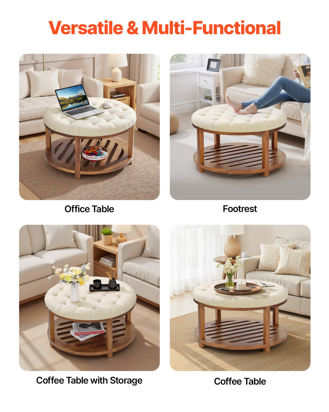 Aurelia | Large Round Mediterranean Luxury Pine Wood Coffee Table Ottoman - Mediterranean Tuscan Contemporary Home Decor Furniture