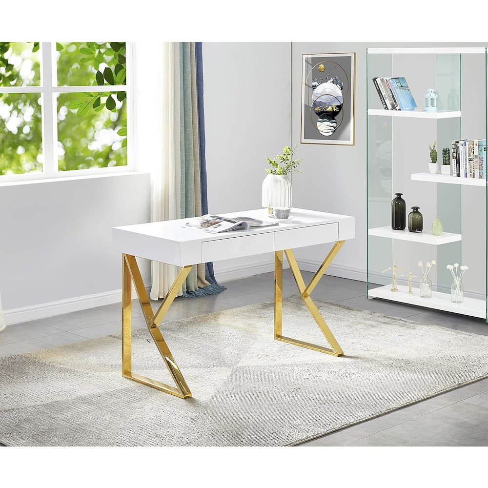 Boho Aesthetic Beautiful Gold & White Modern Wood Computer Desk in Gold | Biophilic Design Airbnb Decor Furniture 