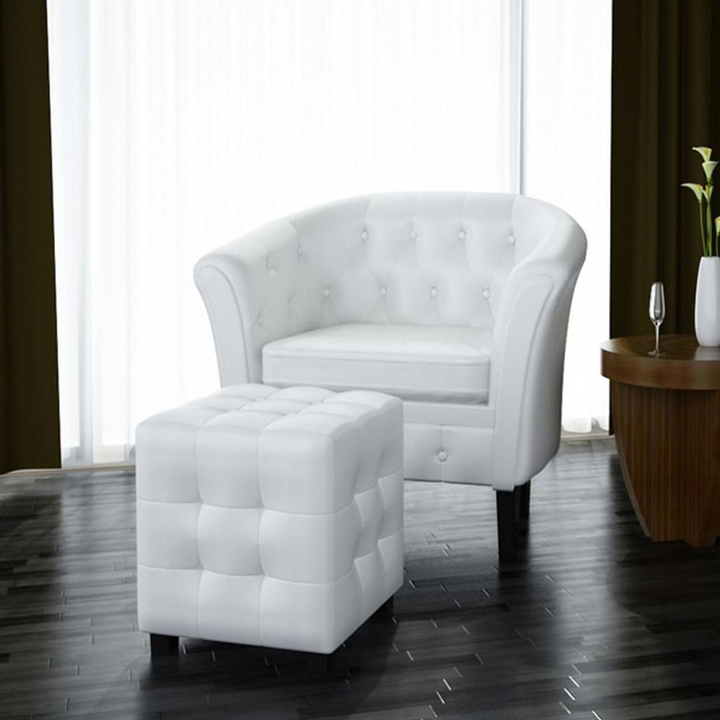 Boho Aesthetic Tub Chair with Footstool White Faux Leather | Biophilic Design Airbnb Decor Furniture 