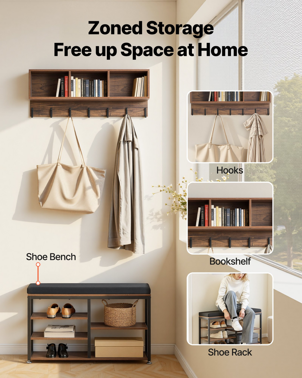 Farmhouse 3-in-1 Shoe Coat Rack Combo Set with Hooks and Bookshelf - Mediterranean Italian Contemporary Home Decor Furniture