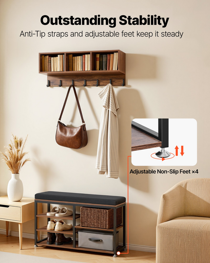 Farmhouse 3-in-1 Shoe Coat Rack Combo Set with Hooks and Bookshelf - Mediterranean Italian Contemporary Home Decor Furniture