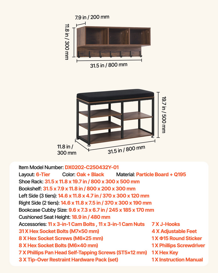 Farmhouse 3-in-1 Shoe Coat Rack Combo Set with Hooks and Bookshelf - Mediterranean Italian Contemporary Home Decor Furniture