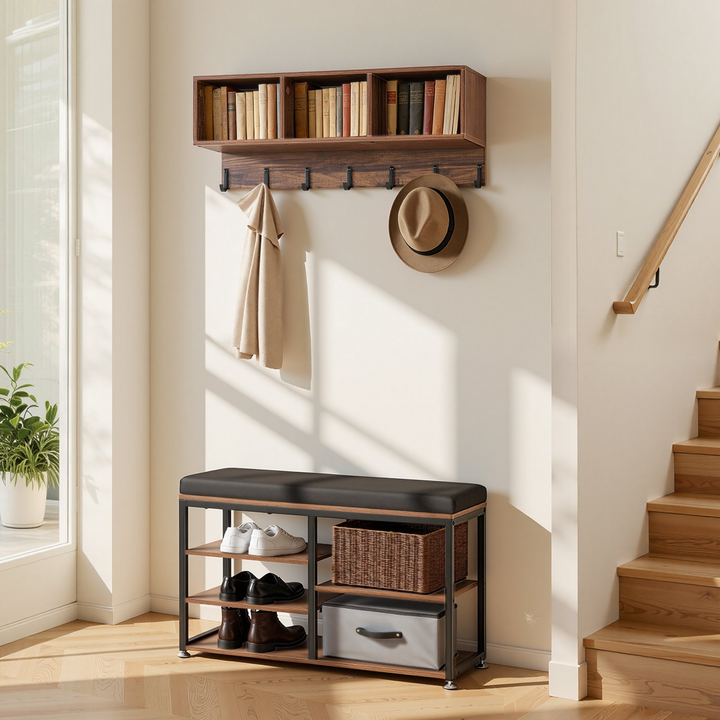 Farmhouse 3-in-1 Shoe Coat Rack Combo Set with Hooks and Bookshelf - Mediterranean Italian Contemporary Home Decor Furniture