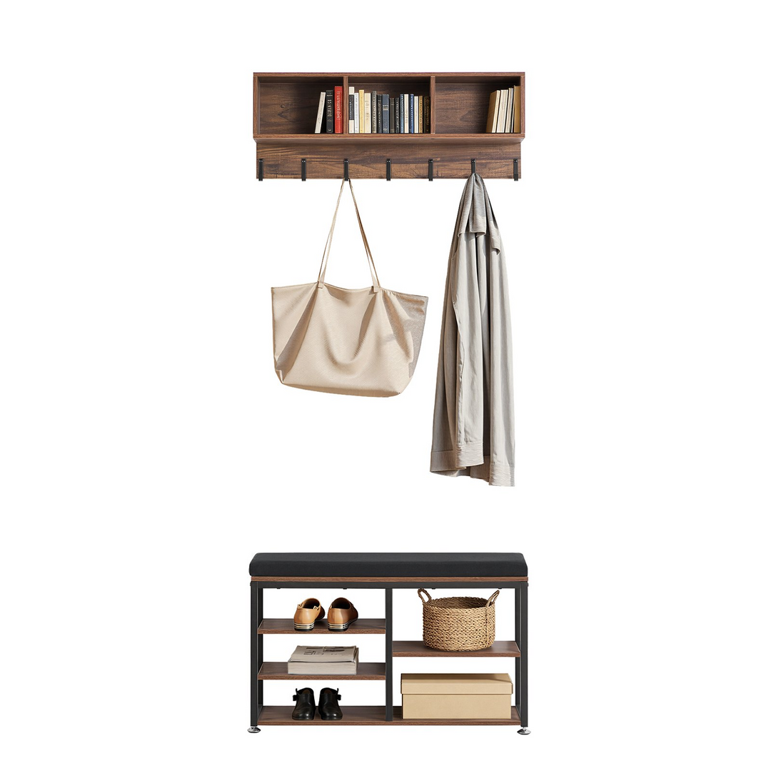 Farmhouse 3-in-1 Shoe Coat Rack Combo Set with Hooks and Bookshelf - Mediterranean Italian Contemporary Home Decor Furniture