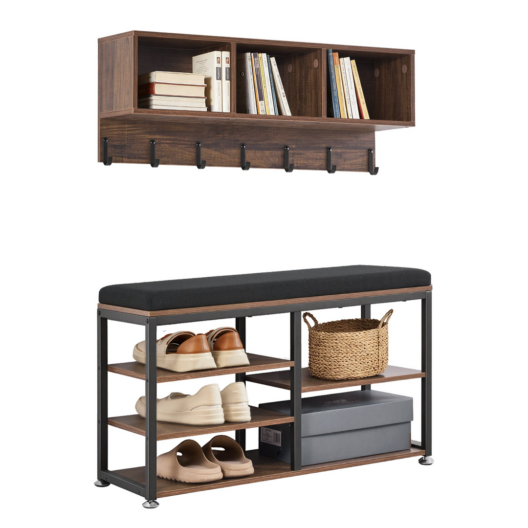 Farmhouse 3-in-1 Shoe Coat Rack Combo Set with Hooks and Bookshelf - Mediterranean Italian Contemporary Home Decor Furniture