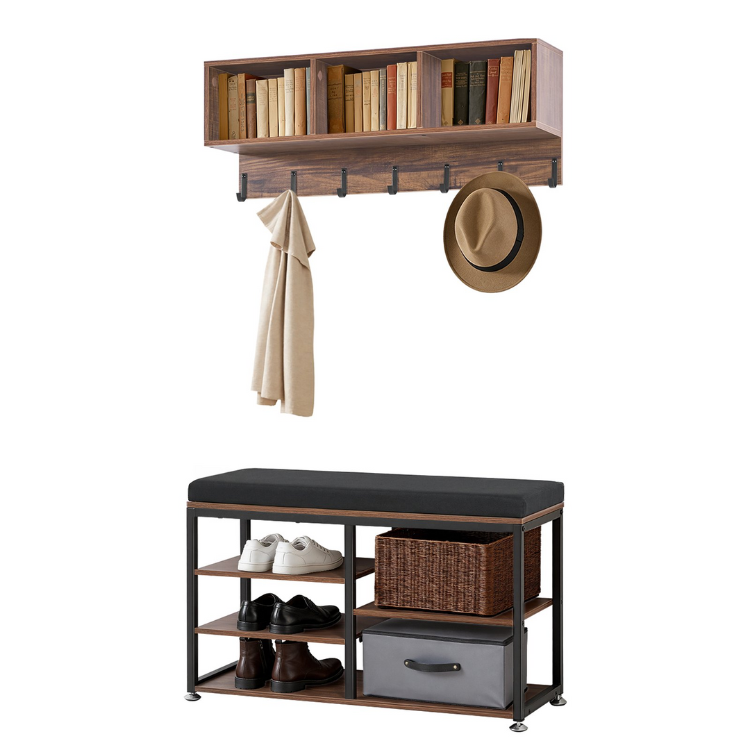 Farmhouse 3-in-1 Shoe Coat Rack Combo Set with Hooks and Bookshelf - Mediterranean Italian Contemporary Home Decor Furniture