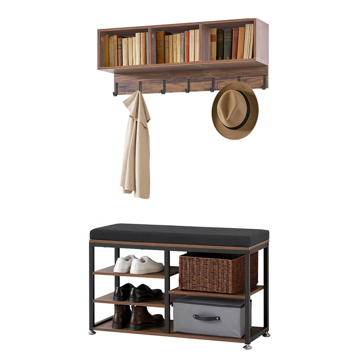 Farmhouse 3-in-1 Shoe Coat Rack Combo Set with Hooks and Bookshelf - Mediterranean Italian Contemporary Home Decor Furniture