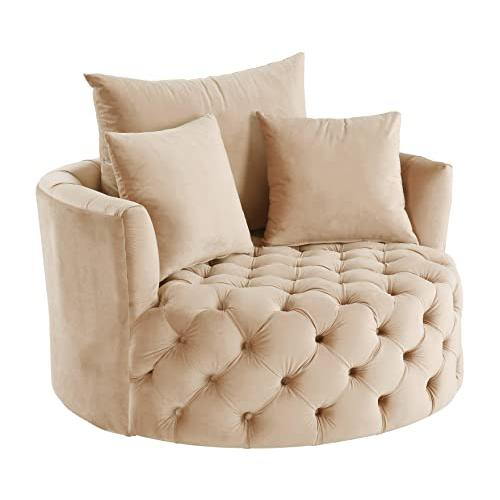 Boho Aesthetic Plush Soft Beige Velvet Accent Chair w/Swivel | Biophilic Design Airbnb Decor Furniture 