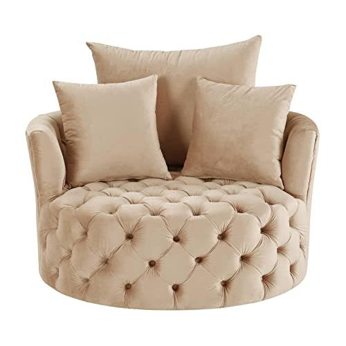 Boho Aesthetic Plush Soft Beige Velvet Accent Chair w/Swivel | Biophilic Design Airbnb Decor Furniture 