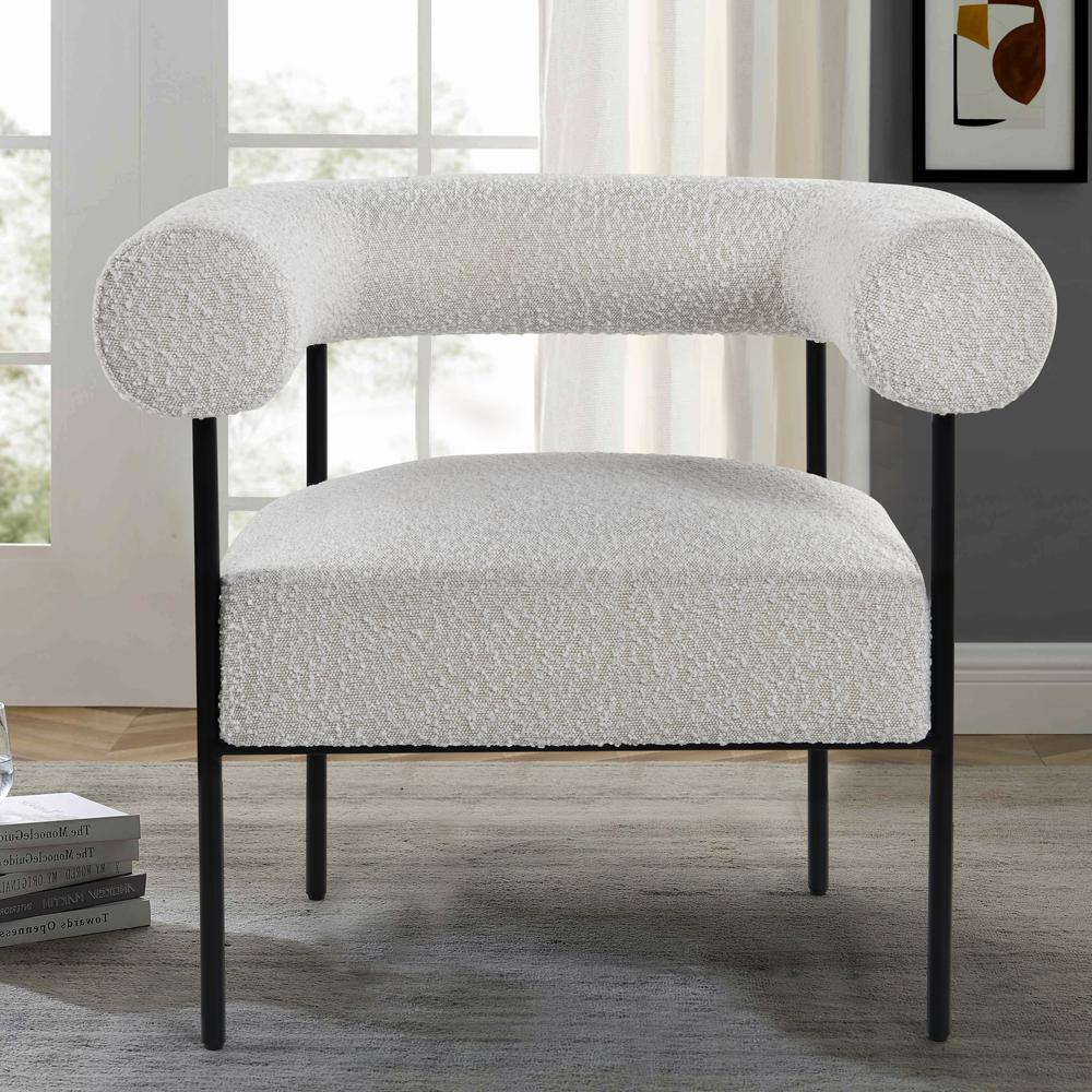 Boho Aesthetic Minimalist Cream Boucle Fabric with Black Leg Accent Chair | Biophilic Design Airbnb Decor Furniture 