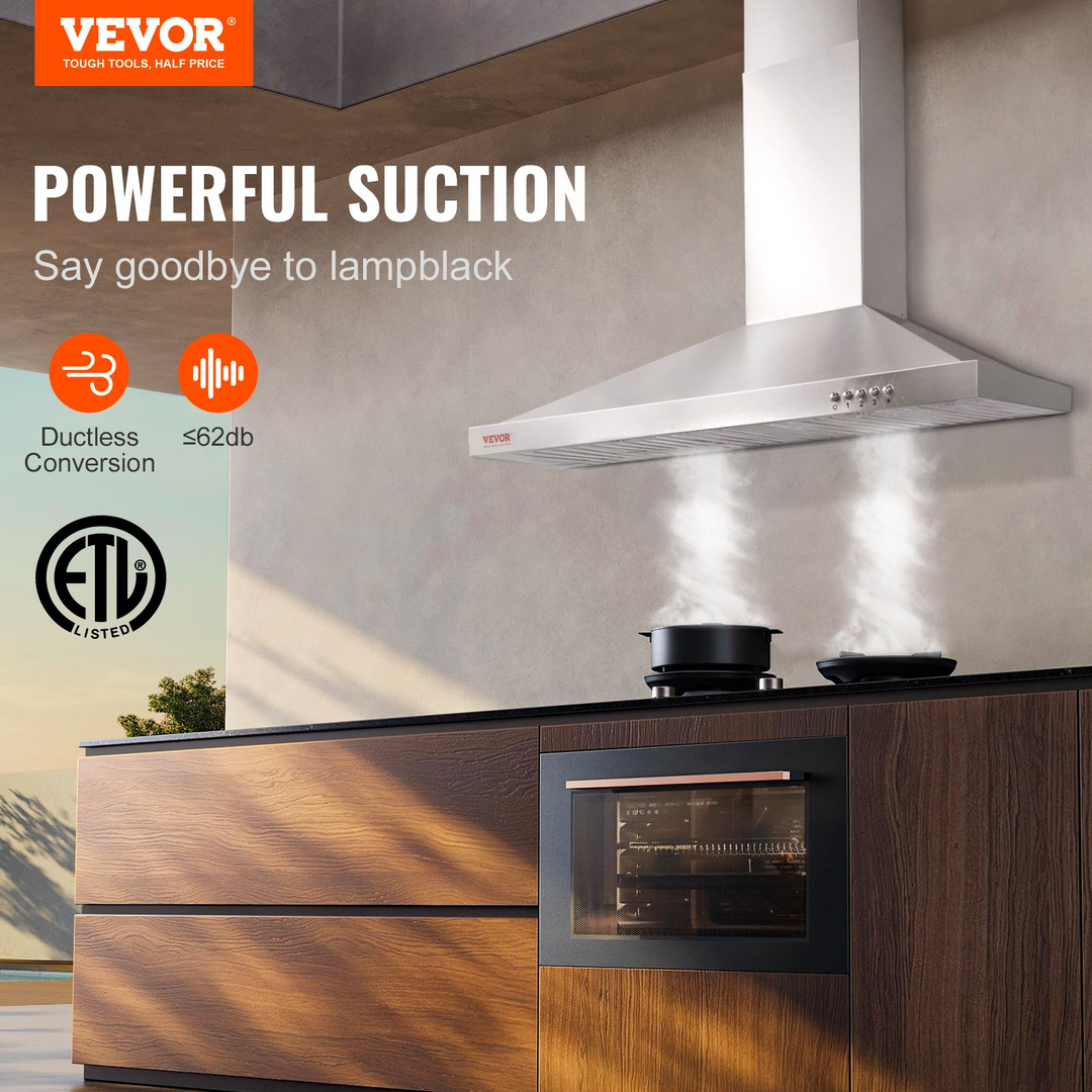 Boho Aesthetic VEVOR Wall Mount Range Hood, Ductless Chimney-Style Kitchen Stove Vent, Stainless Steel Permanent Filter with 3-Speed Exhaust Fan, 2 Baffle Filters, LED Lights, Push Button, Silver (30 inch) | Biophilic Design Airbnb Decor Furniture 