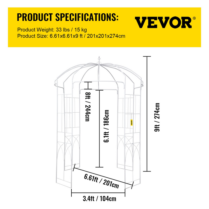 Boho Aesthetic VEVOR Birdcage Shape Garden Arbor, 9' High x 6.6' Wide, Heavy Duty Wrought Iron Arbor, Wedding Arch Trellis for Climbing Vines in Outdoor Garden, Lawn, Backyard, Patio, White | Biophilic Design Airbnb Decor Furniture 