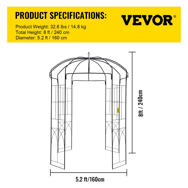 Boho Aesthetic VEVOR Birdcage Shape Garden Arbor,8' High x 5.2' Wide, Heavy Duty Wrought Iron Arbor, Wedding Arch Trellis for Climbing Vines in Outdoor Garden, Lawn, Backyard, Patio, Black | Biophilic Design Airbnb Decor Furniture 