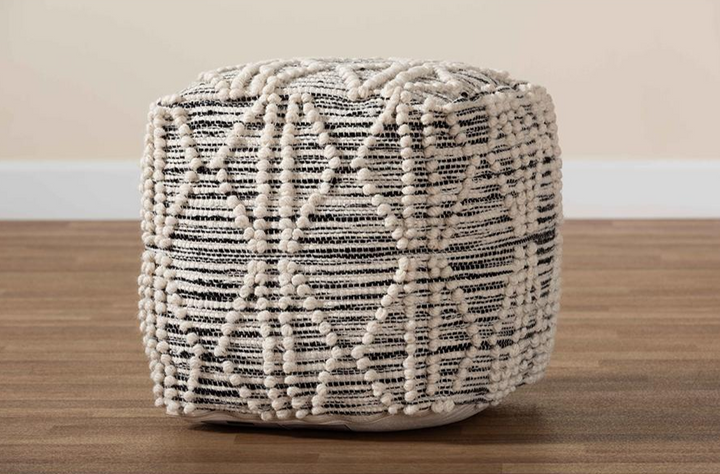 Boho Aesthetic Sentir Moroccan Inspired Ivory and Black Handwoven Wool Blend Pouf Ottoman | Biophilic Design Airbnb Decor Furniture 