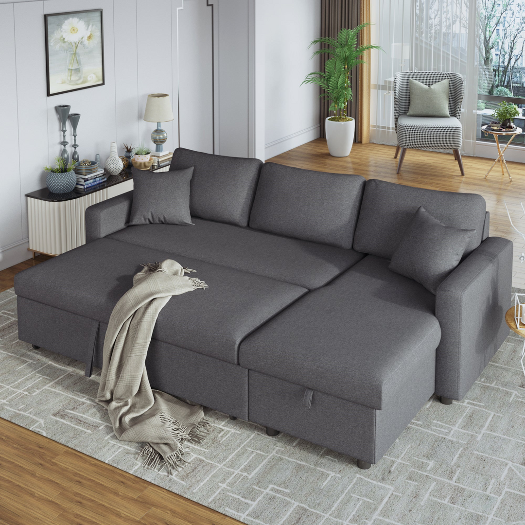 Boho Aesthetic Le Céleste | Upholstery  Sleeper Sectional Sofa Grey with Storage Space, 2 Tossing Cushions | Biophilic Design Airbnb Decor Furniture 