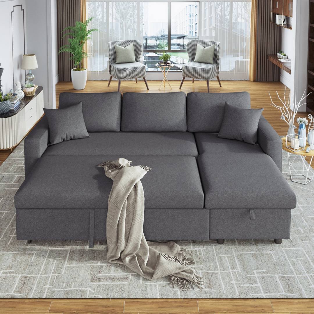 Boho Aesthetic Le Céleste | Upholstery  Sleeper Sectional Sofa Grey with Storage Space, 2 Tossing Cushions | Biophilic Design Airbnb Decor Furniture 