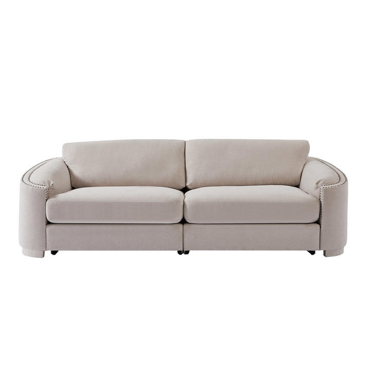 Boho Aesthetic Saint-Tropez | Stylish Modern Sofa with Semilunar Arm, Rivet Detailing, and Solid Frame for Living Room | Biophilic Design Airbnb Decor Furniture 