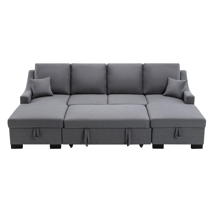 Boho Aesthetic Upholstery Sleeper Sectional Sofa with Double Storage Spaces, 2 Tossing Cushions, Grey | Biophilic Design Airbnb Decor Furniture 