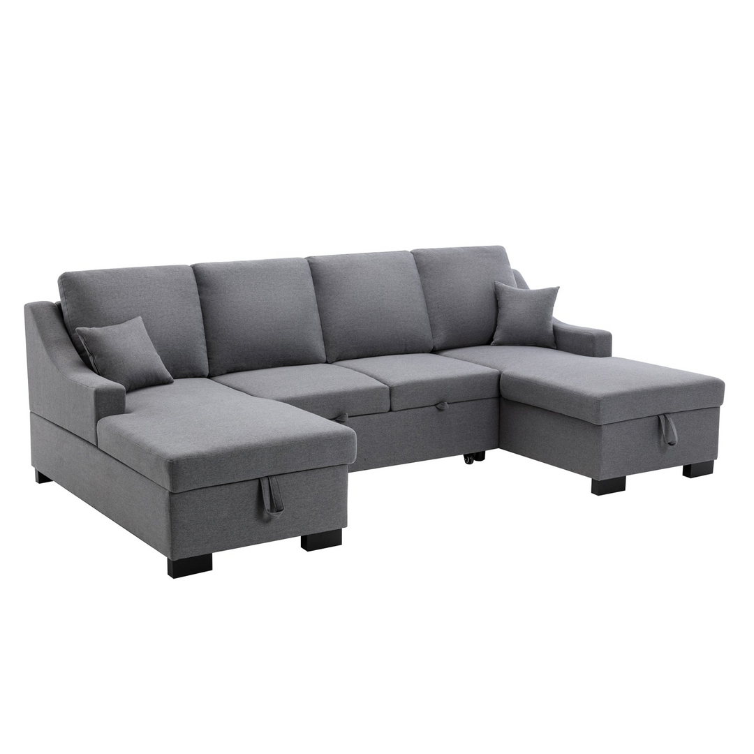 Boho Aesthetic Upholstery Sleeper Sectional Sofa with Double Storage Spaces, 2 Tossing Cushions, Grey | Biophilic Design Airbnb Decor Furniture 
