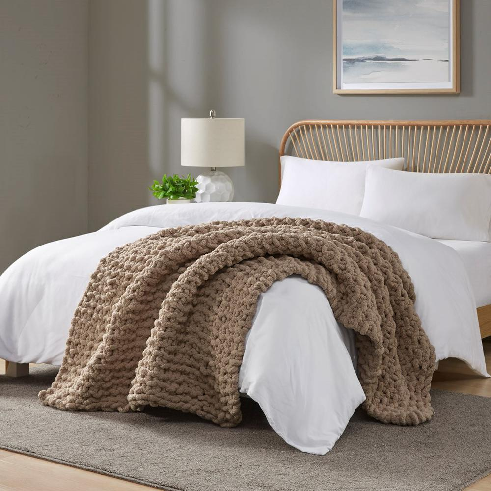 Boho Aesthetic Handmade Brown Knitted Throw Bed Blanket | Biophilic Design Airbnb Decor Furniture 