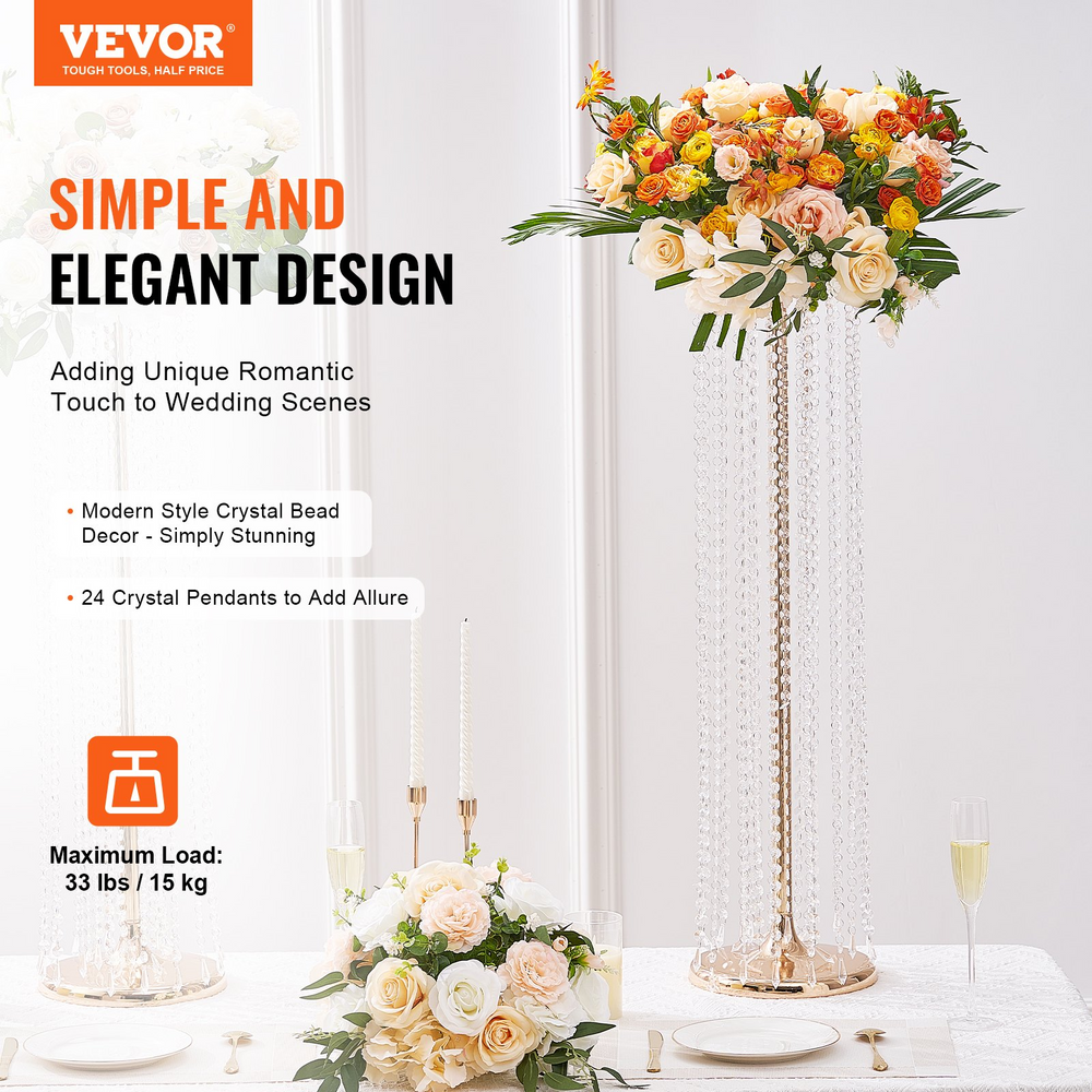 Boho Aesthetic VEVOR 2PCS 35.43inch /90cm Tall Crystal Wedding Flowers Stand, Luxurious Centerpieces Flower Vases Crystal Gold Vase Metal, Perfect for T-stage Wedding Party Ceremony Dinner Event Hotel Home Decor | Biophilic Design Airbnb Decor Furniture 