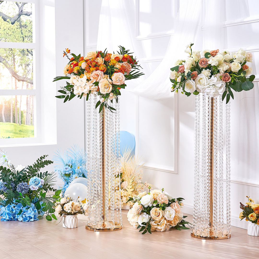 Boho Aesthetic VEVOR 2PCS 35.43inch /90cm Tall Crystal Wedding Flowers Stand, Luxurious Centerpieces Flower Vases Crystal Gold Vase Metal, Perfect for T-stage Wedding Party Ceremony Dinner Event Hotel Home Decor | Biophilic Design Airbnb Decor Furniture 