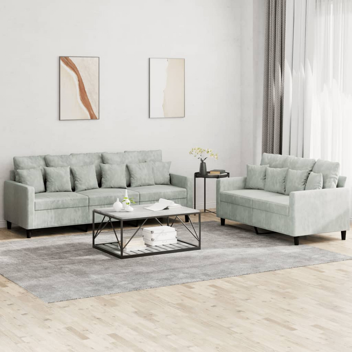 Boho Aesthetic 2 Piece Sofa Set with Cushions Light Gray Velvet | Biophilic Design Airbnb Decor Furniture 
