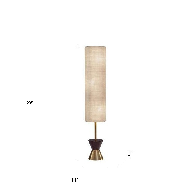 Boho Aesthetic Brass And Wood Textured Cylinder Beige Floor Lamp | Biophilic Design Airbnb Decor Furniture 