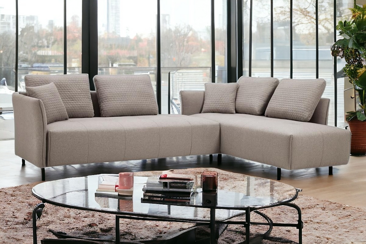 Boho Aesthetic Light Gray Modern Italian Modular L Shaped Two Piece Sofa and Chaise Sectional | Biophilic Design Airbnb Decor Furniture 