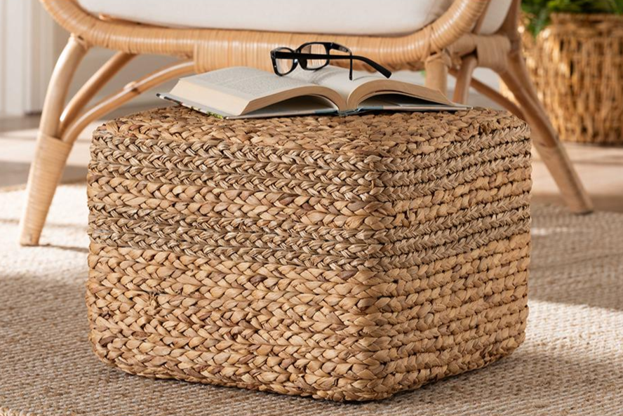Boho Aesthetic Azrou | Modern Bohemian Natural Brown Seagrass Accent Footstool | Biophilic Design Airbnb Decor Furniture 