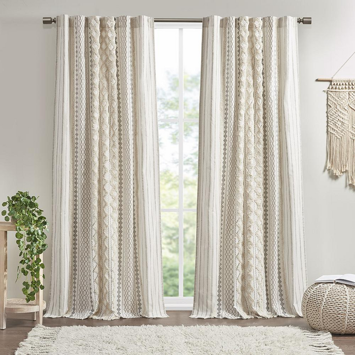 Boho Aesthetic Beige Taupe Imani Cotton Printed Curtain Panel with Chenille Stripe and Lining | Biophilic Design Airbnb Decor Furniture 