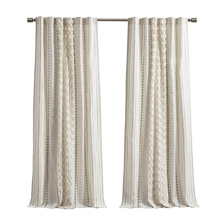 Boho Aesthetic Beige Taupe Imani Cotton Printed Curtain Panel with Chenille Stripe and Lining | Biophilic Design Airbnb Decor Furniture 