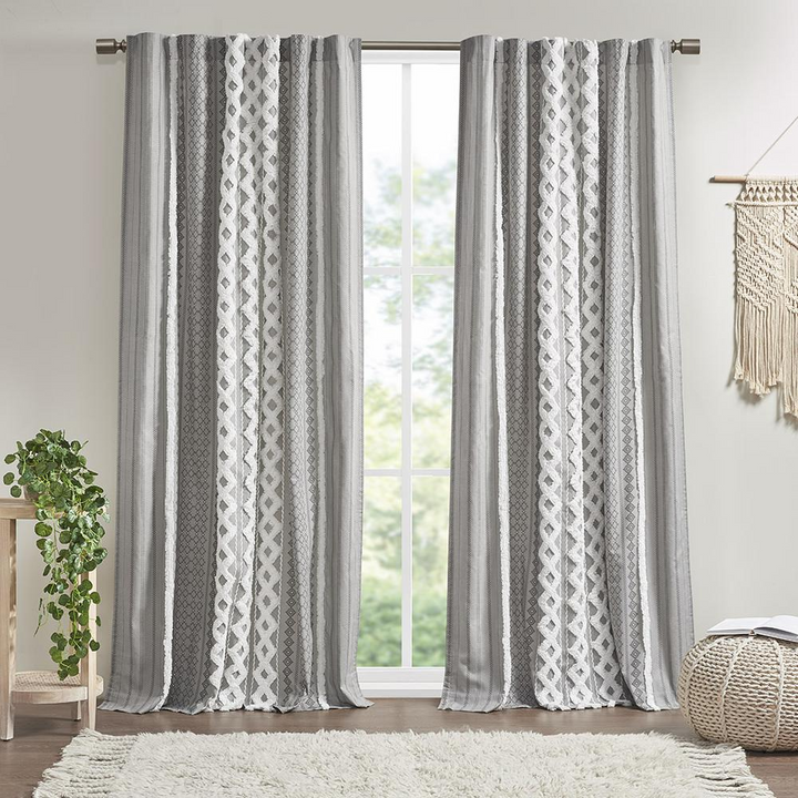 Boho Aesthetic Silver Imani Cotton Printed Curtain Panel with Chenille Stripe and Lining | Biophilic Design Airbnb Decor Furniture 