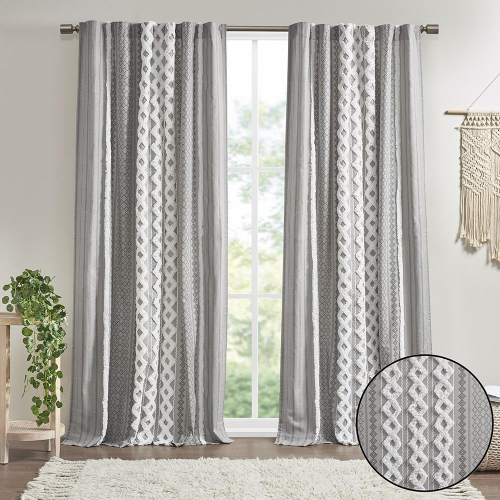 Boho Aesthetic Silver Imani Cotton Printed Curtain Panel with Chenille Stripe and Lining | Biophilic Design Airbnb Decor Furniture 